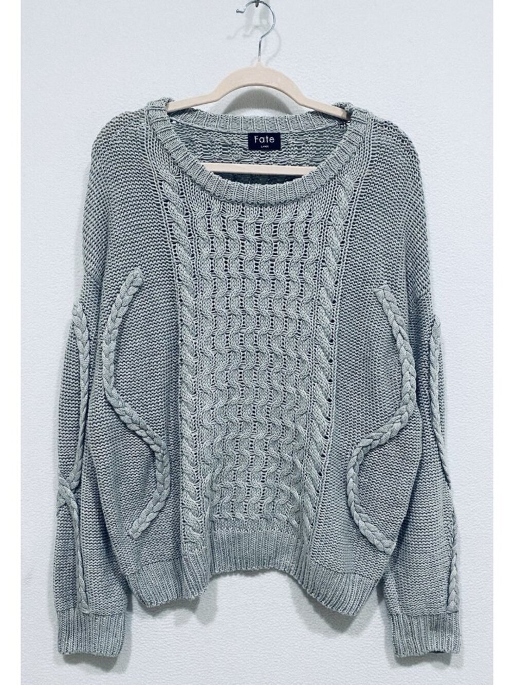 Fate Anthropologie Sweater Womens Large Gray Cable Knit Swirly Chunky Cozy Boho